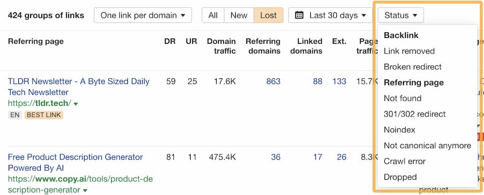 filter by link loss reason