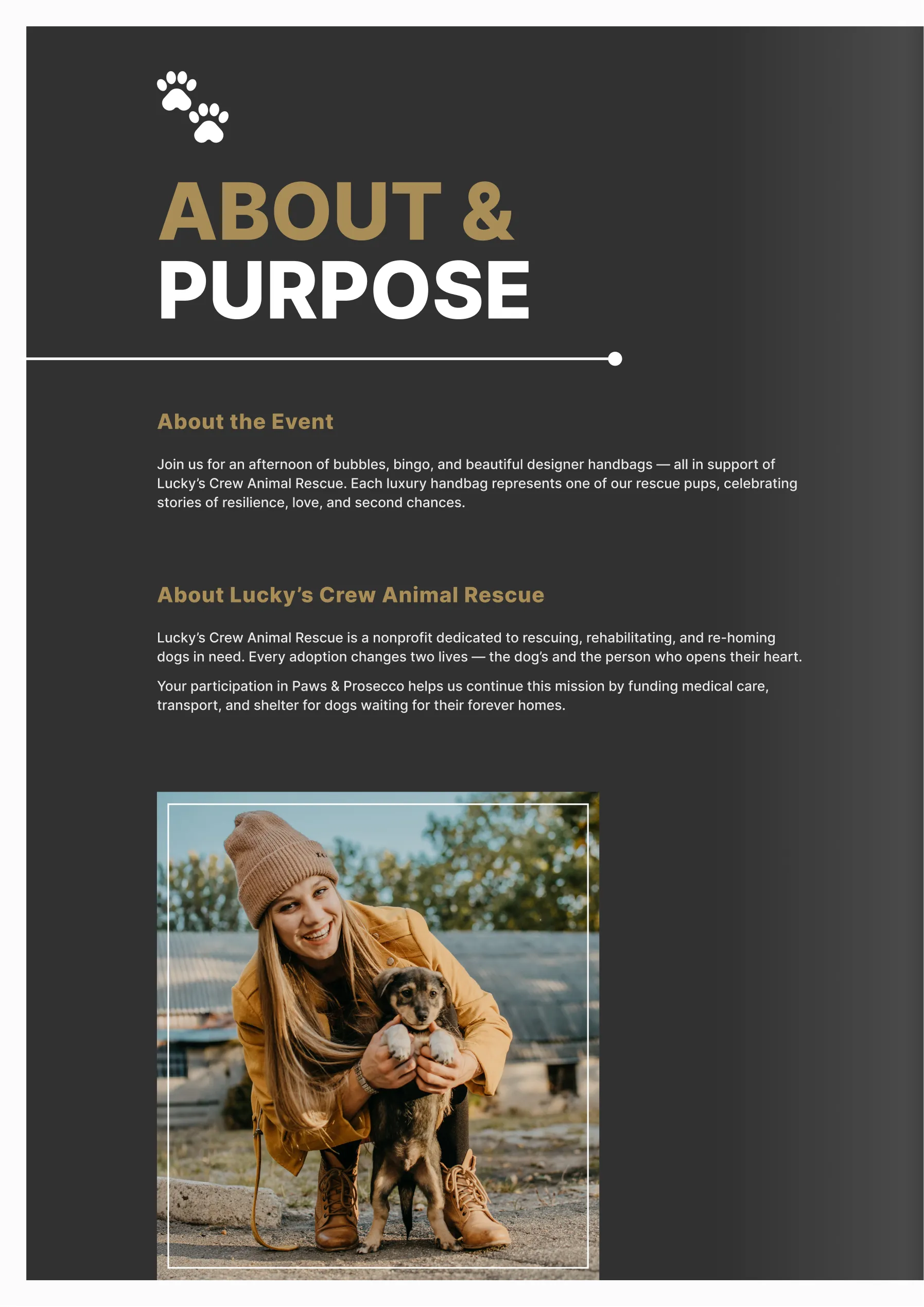 Paws and Prosecco About and Purpose Brochure Page – Ingenious Netsoft Portfolio Luckys Crew Animal Rescue Paws and Prosecco About and Purpose Brochure Page Design