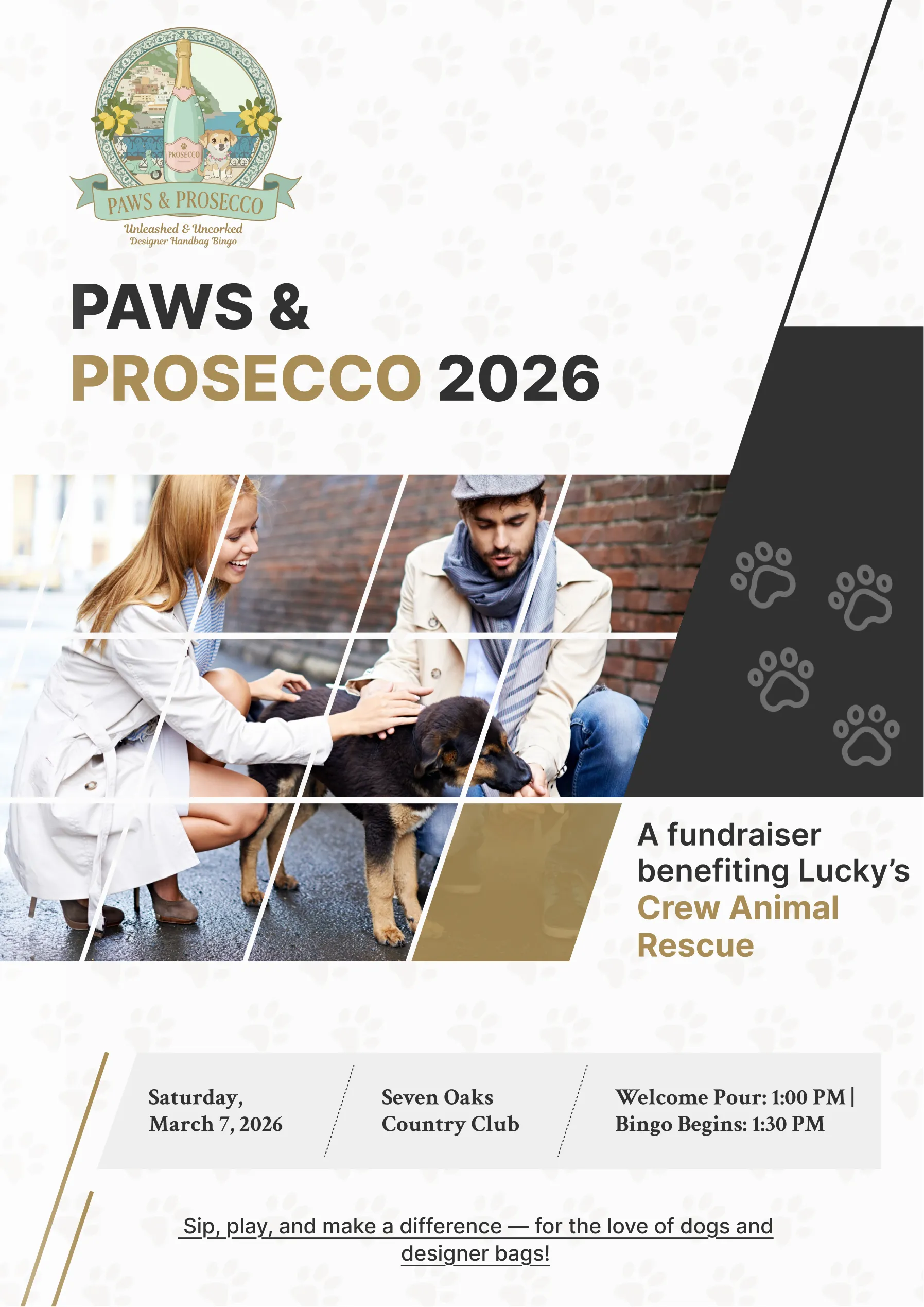 Paws and Prosecco 2026 Event Flyer – Ingenious Netsoft Portfolio Luckys Crew Animal Rescue Paws and Prosecco 2026 Event Flyer Design – Designer Handbag Bingo Fundraiser